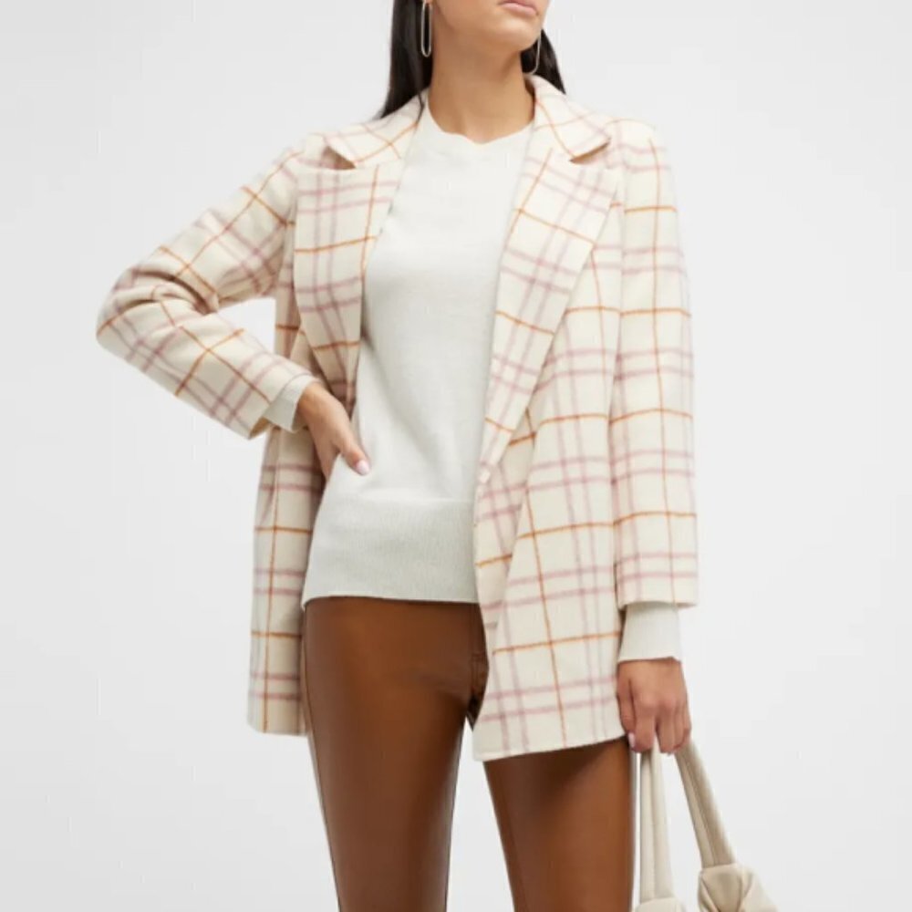 THEORY 'Clairene-Autumn Double' Wool-Blend Open-Front Plaid Jacket, Ivory Multi